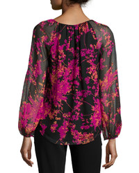 Diane von Furstenberg Marnie Floral Daze Sheer Sleeve Silk Blouse Blackmulticolor