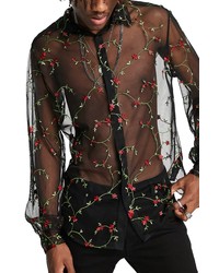 ASOS DESIGN Floral Sheer Button Up Shirt In Black At Nordstrom