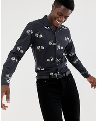 MOSS BROS Moss London Skinny Fit Revere Collar Shirt In Dark Floral Print