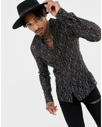 ASOS DESIGN Regular Fit Lace Shirt In Black Silver