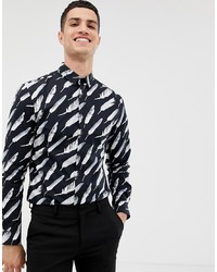 Twisted Tailor Skinny Fit Shirt In Black With Feather Print