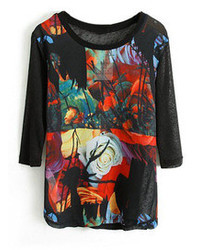 Romwe Colorful Floral Print Black T Shirt