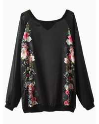 Choies Peacocks And Floral Print T Shirt With Sheer Sleeve
