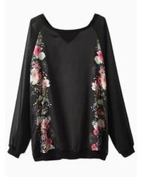 Choies Peacocks And Floral Print T Shirt With Sheer Sleeve