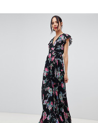Asos Tall Asos Design Tall Pleated Wrap Maxi Dress Flutter Sleeve In Floral Print
