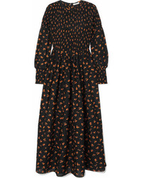 Ganni Beacon Shirred Floral Print Cotton And Silk Blend Maxi Dress Black