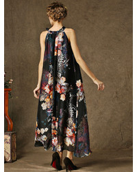 Choies Black Halter Floral Print Maxi Dress With Belt