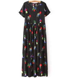 Black Short Sleeve Floral Pleated Maxi Dress