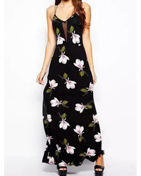 Choies Black Floral Slit Spaghetti Strap Maxi Dress