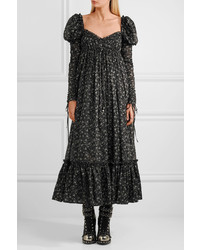 Alexander McQueen Floral Print Cotton Voile Maxi Dress Black