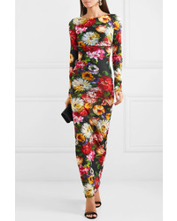 Dolce & Gabbana Floral Print Stretch Tulle Maxi Dress