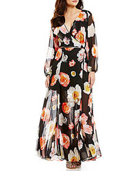 GB Floral Surplice V Neck Long Sleeve Ruffle Wrap Maxi Dress