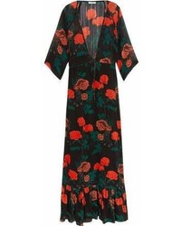 Ganni Gathered Floral Print Crepe De Chine Maxi Dress