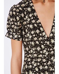 Missguided Short Sleeve Button Through Maxi Dress Black Floral