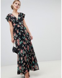 ASOS DESIGN Pleated Maxi Dress With Flutter Sleeve In Floral Print