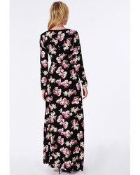 Missguided V Neck Front Split Maxi Dress Black Floral