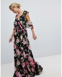ASOS DESIGN Wrap Maxi Dress With Ruffles In Dark Floral Print