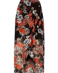 River Island Black Floral Print Ruffle Hem Wrap Maxi Skirt