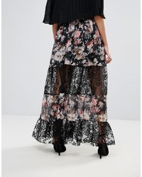Boohoo Floral Print Lace Panel Maxi Skirt