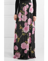 Giambattista Valli Floral Print Silk Crepe De Chine Maxi Skirt Black