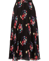 Tanya Taylor Pleated Floral Print Checked Silk Mousseline Maxi Skirt