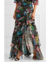 Peter Pilotto Tiered Ruffled Floral Print Silk Georgette Maxi Skirt Black
