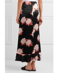 Ganni Wrap Effect Floral Print Satin Maxi Skirt Black