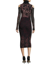Fuzzi Cold Shoulder Turtleneck Floral Lace Print Midi Dress Black Multi
