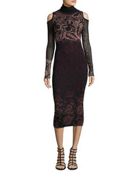 Fuzzi Cold Shoulder Turtleneck Floral Lace Print Midi Dress Black Multi