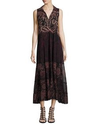 Fuzzi Collared V Neck Floral Lace Print Midi Dress Black Multi