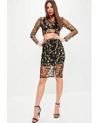 Missguided Premium Black Floral Mesh Embroidered Midi Skirt