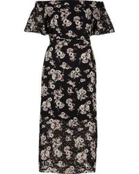 River Island Black Floral Print Bardot Layer Midi Dress
