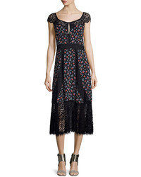 Nanette Lepore Cap Sleeve Floral Silk Lace Midi Dress Black