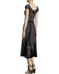 Nanette Lepore Cap Sleeve Floral Silk Lace Midi Dress Black