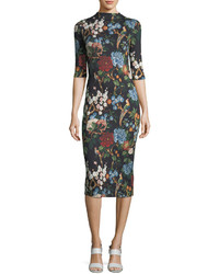 Alice + Olivia Delora Floral Print Fitted Mock Neck Midi Dress