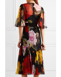 Dolce & Gabbana Floral Print Silk Chiffon Midi Dress Black