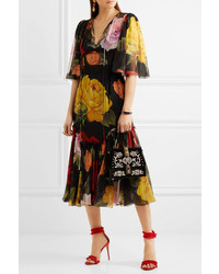 Dolce & Gabbana Floral Print Silk Chiffon Midi Dress Black