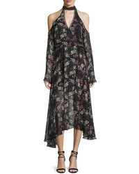 Nicholas Floral Print Silk Cold Shoulder Midi Dress