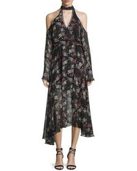 Nicholas Floral Print Silk Cold Shoulder Midi Dress
