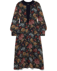 Junya Watanabe Layered Ribbed Wool And Floral Print Chiffon Midi Dress