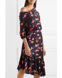 Saloni Lexie Off The Shoulder Printed Silk Charmeuse Dress