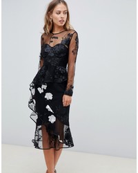ASOS DESIGN Long Sleeve Midi Dress With Embroidered Flowers And Ruffle Detail
