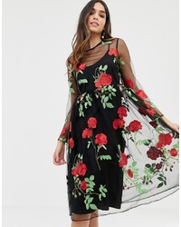 ASOS DESIGN Premium Mesh Embroidered Midi Smock Dress With Long Sleeves