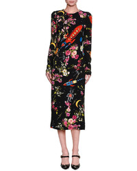 Dolce & Gabbana Rocket Ship Floral Print Long Sleeve Midi Dress Black