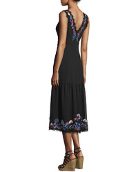 Nanette Lepore Sleeveleess Embroidered Chiffon Midi Dress Blackmulticolor