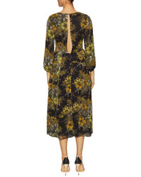 Warped Floral Silk Print Midi Dress