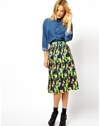 Asos Pleated Midi Skirt In Neon Floral Print