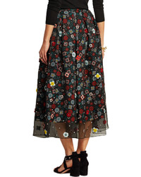 Holly Fulton Embellished Floral Print Silk Crepe De Chine Skirt