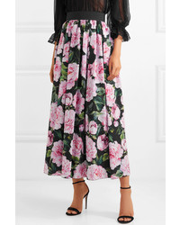 Dolce & Gabbana Gathered Floral Print Cotton Poplin Maxi Skirt
