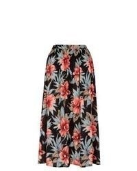 New Look Black Floral Print Crinkle Midi Skirt
